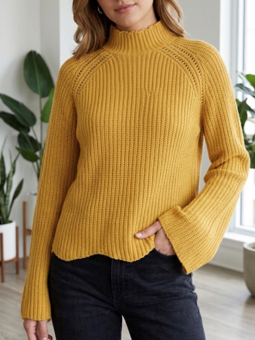 Cynthia Rowley Mustard Mock Neck Scalloped Hem Thick Knit Sweater